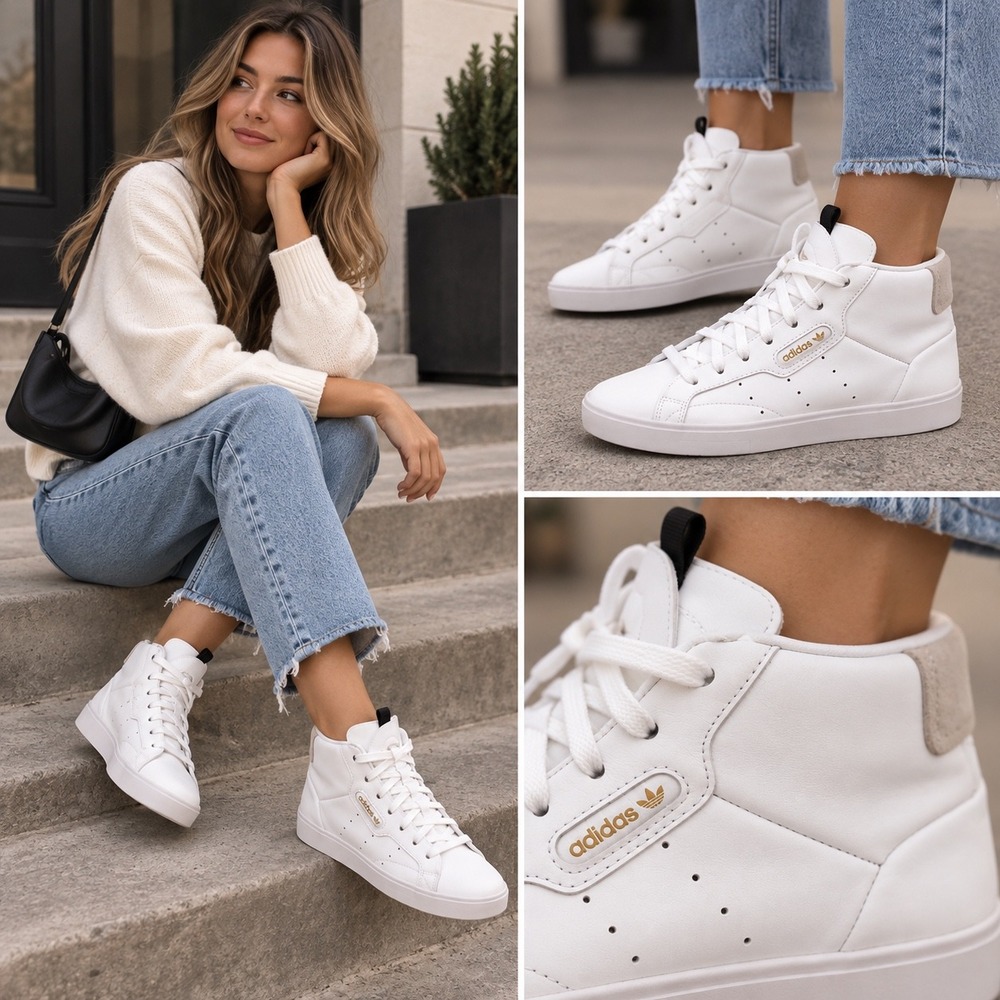 Adidas Sleek Mid Womens White Leather High Top Sneakers EE4726 Size 6.5